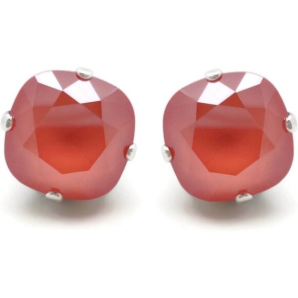 Catherine Popesco 12mm Light Coral Cushion Cut Crystal Silver Post Earrings NEW - Picture 2 of 2
